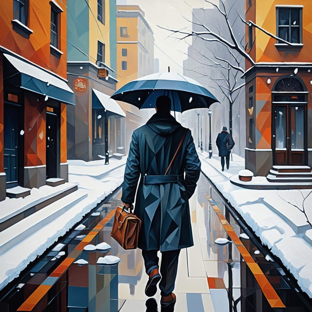 Winter City Commute in Geometric Fauvism Style