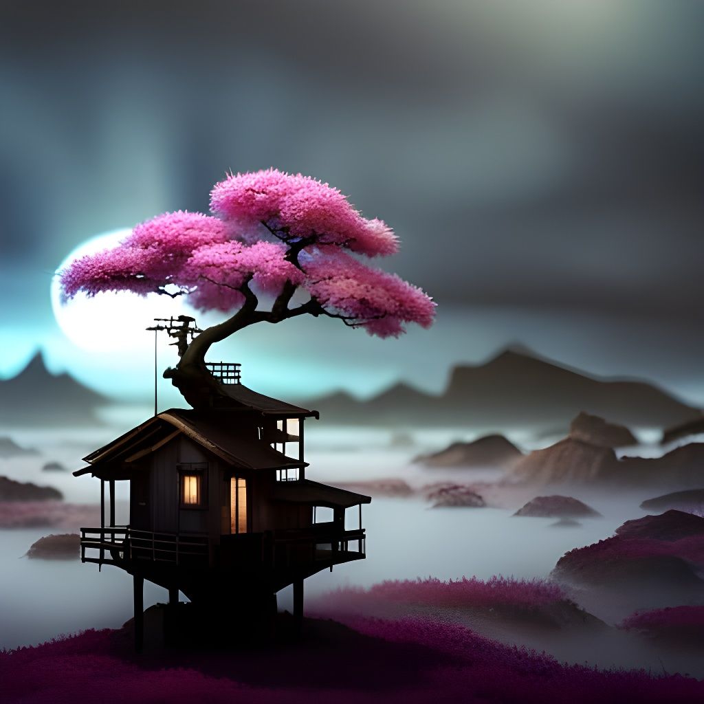Sakura Bonzai Treehouse Portrait in Naturepunk Style