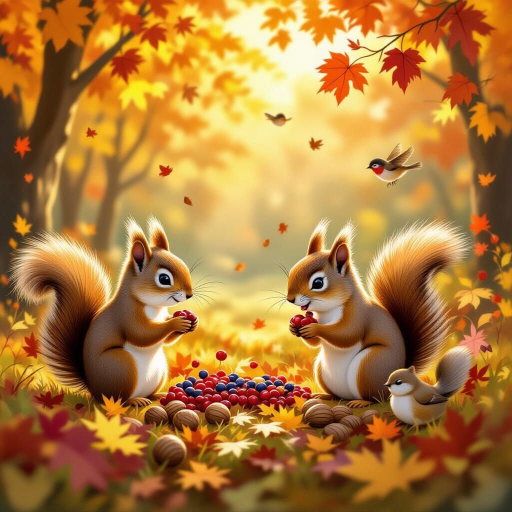 Whimsical Autumn Harvest Scene with Animals