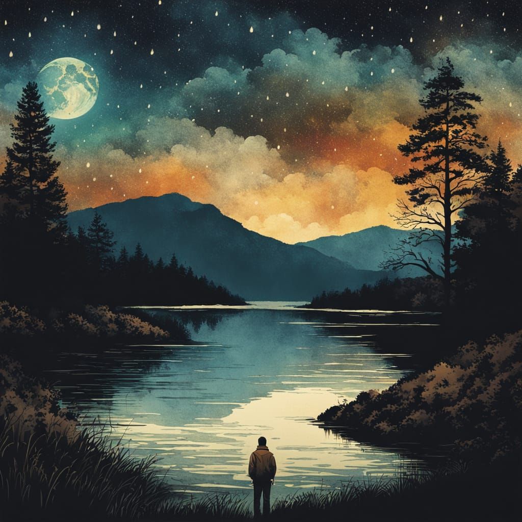 Young Man by Lake in Rainy Midnight Ink Painting