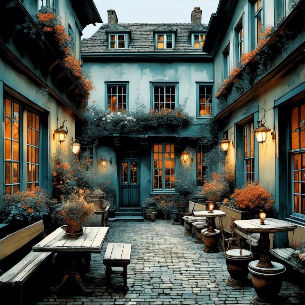 German Courtyard with Flowers, Illustrated Style