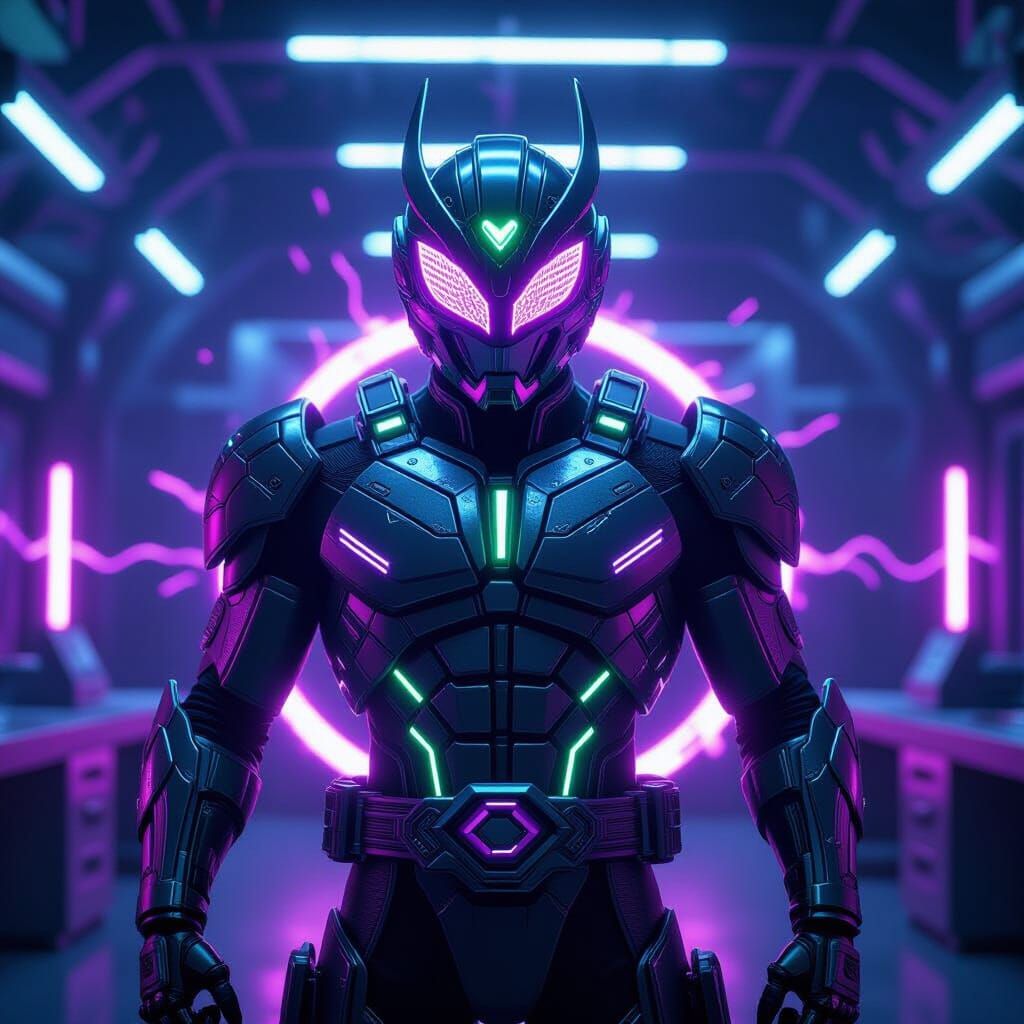 Cyborg Hero in Neon Armor, Sci-Fi Lab Setting