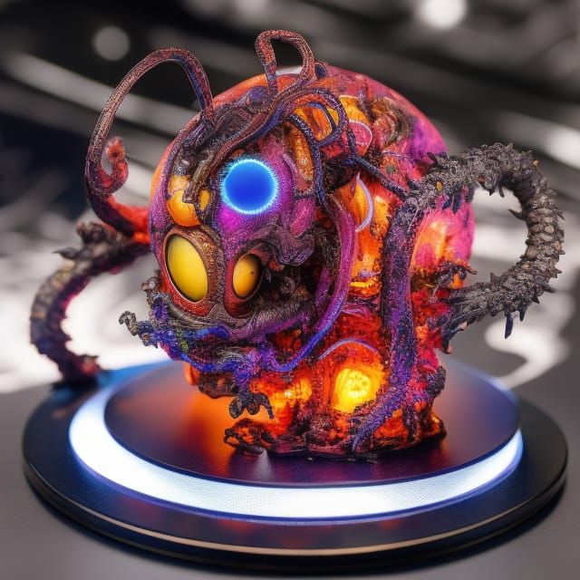 Detailed Resin Miniature of Eldritch Tumor Sitting on an Underlit Plinth