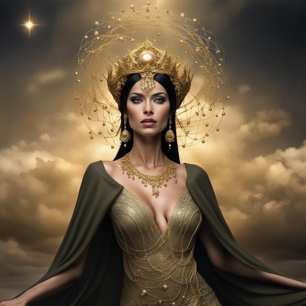 Celestial Spanish Woman with Golden Crown in Ethereal Style