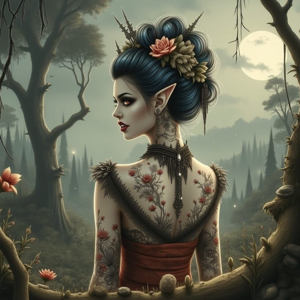 Gothic Lolita Fairy Elf Geisha in Gothipunk Style