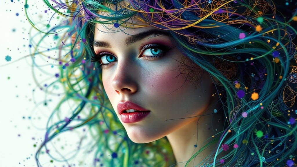Ethereal Female Portrait in Vibrant Celtic Fractal Style