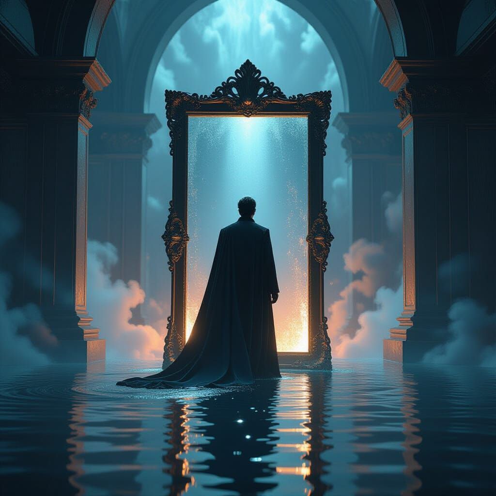 Man Emerges From Shimmering Mirror Portal