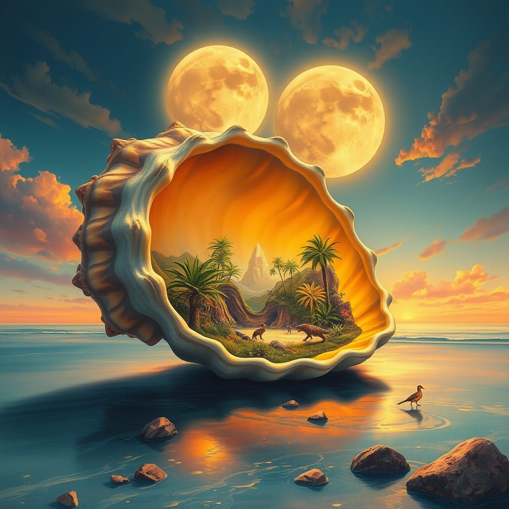 Surrealist Cosmic Beach Scene with Iridescent Seashell and H...