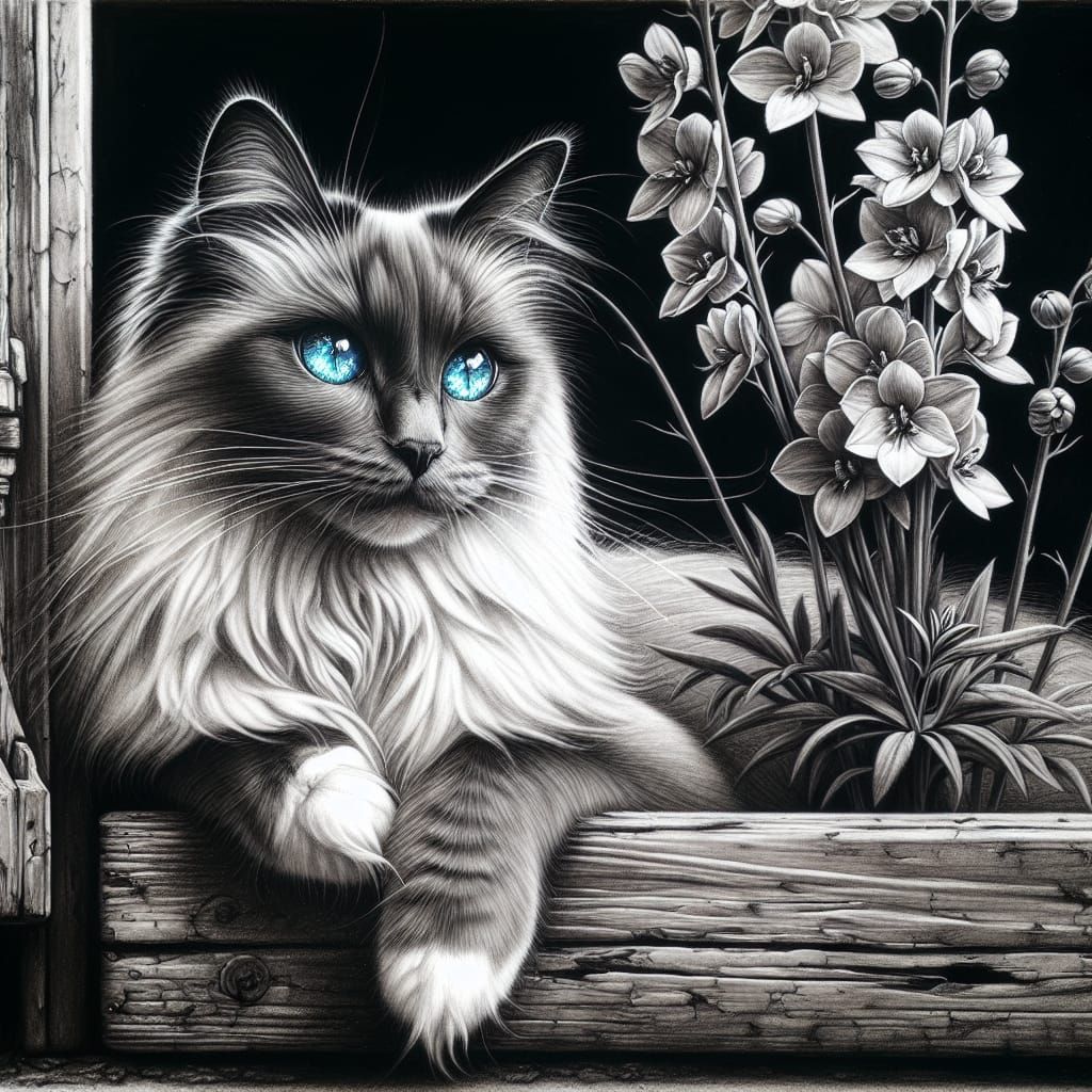 Ragdoll Cat in Flower Box: 19th-Century Illustration