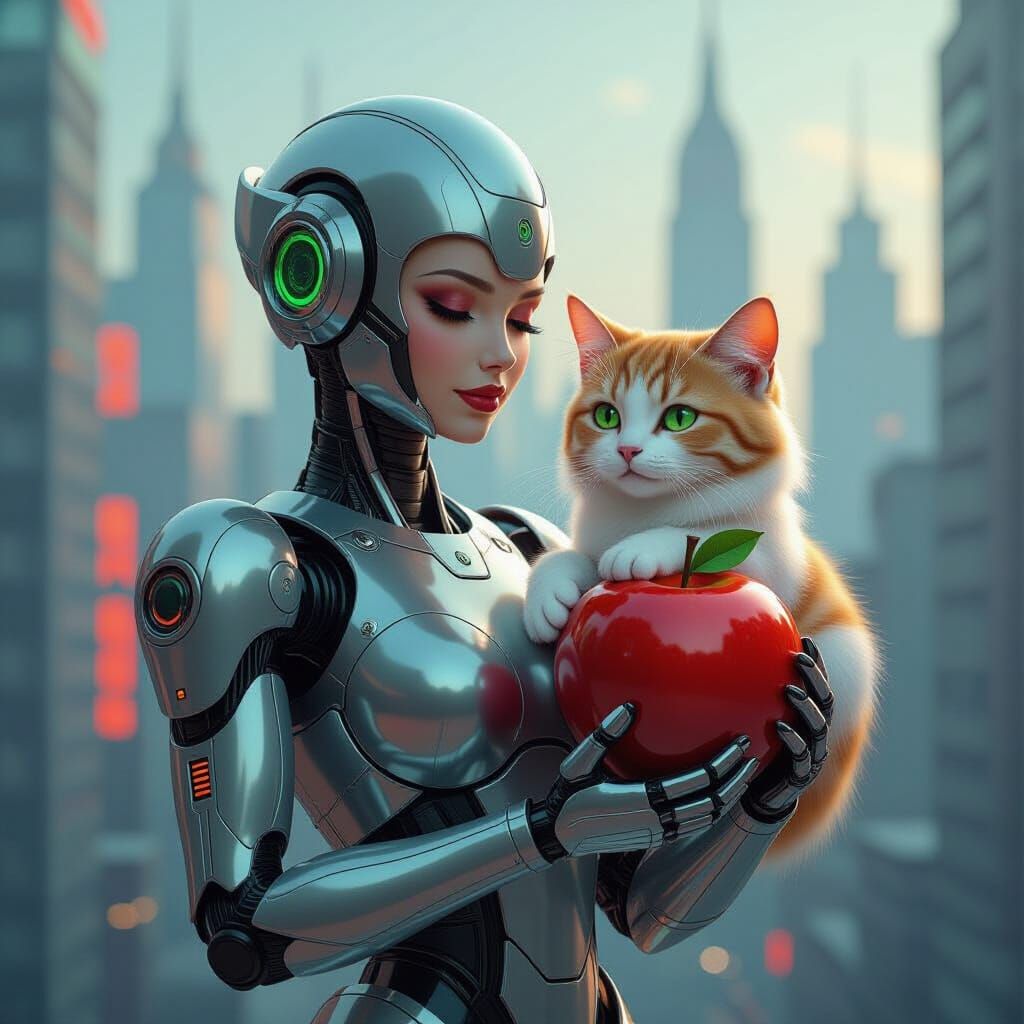Art Deco Robot Woman with Apple-Cat Hybrid