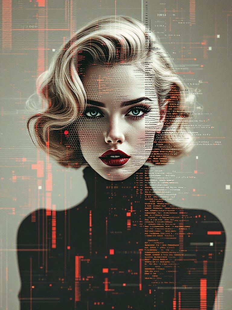 Fractal Glitch Portrait of 1950s Pin-Up Woman