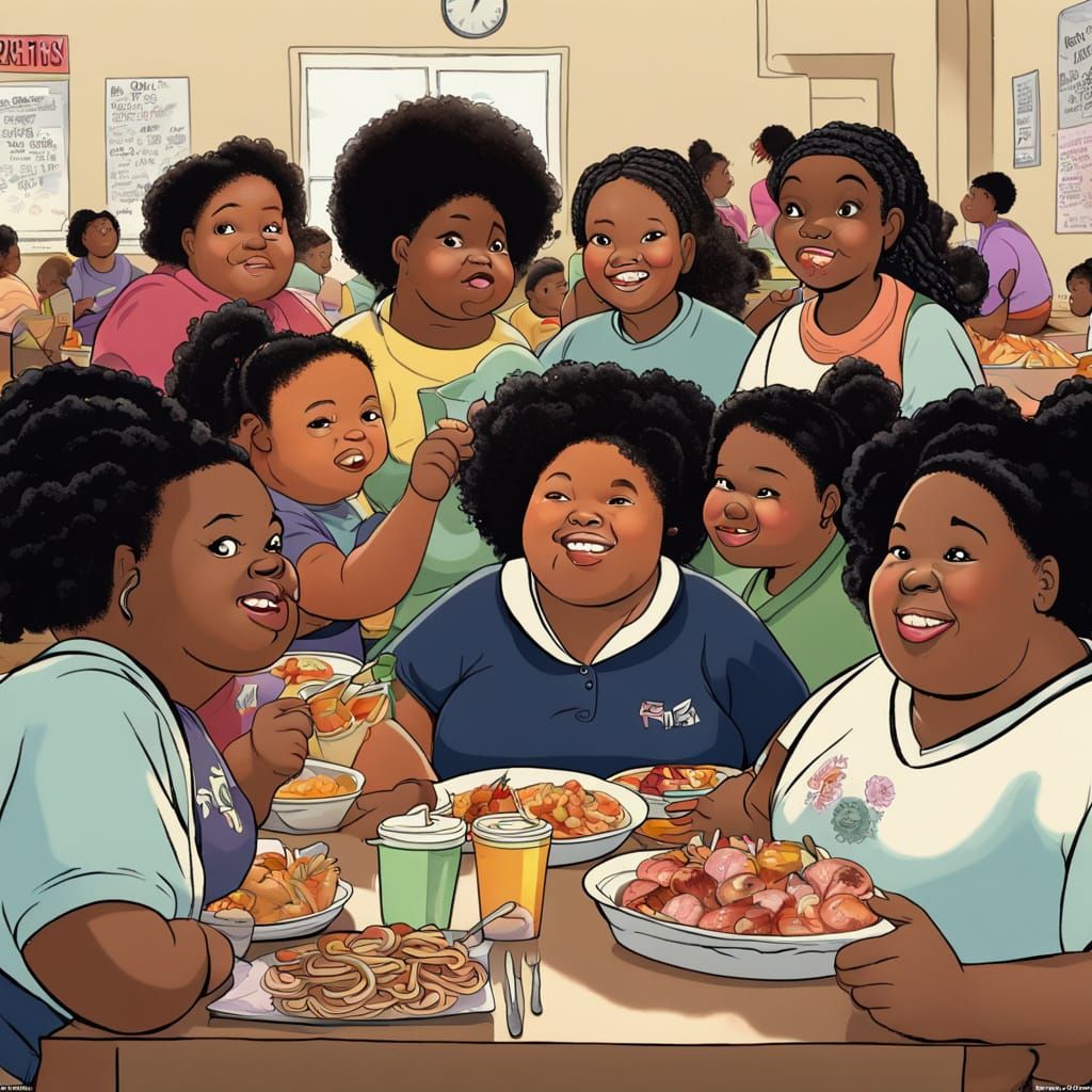 Happy Black Schoolgirls Enjoying a Meal Together in a Vibran...