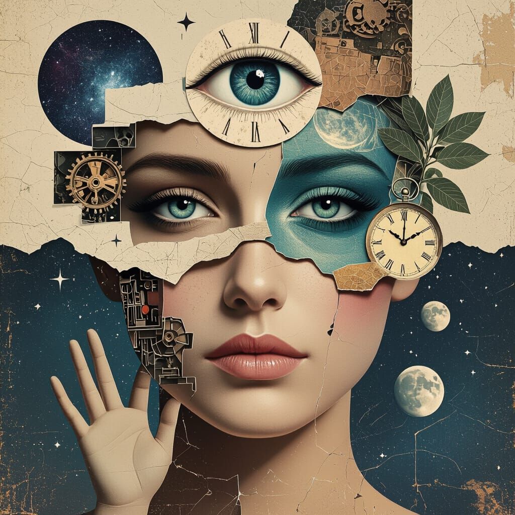 Surreal Face Collage with Cosmic Elements