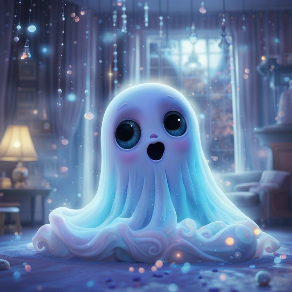 Adorable Baby Ghost in Haunted House, Pixar Style