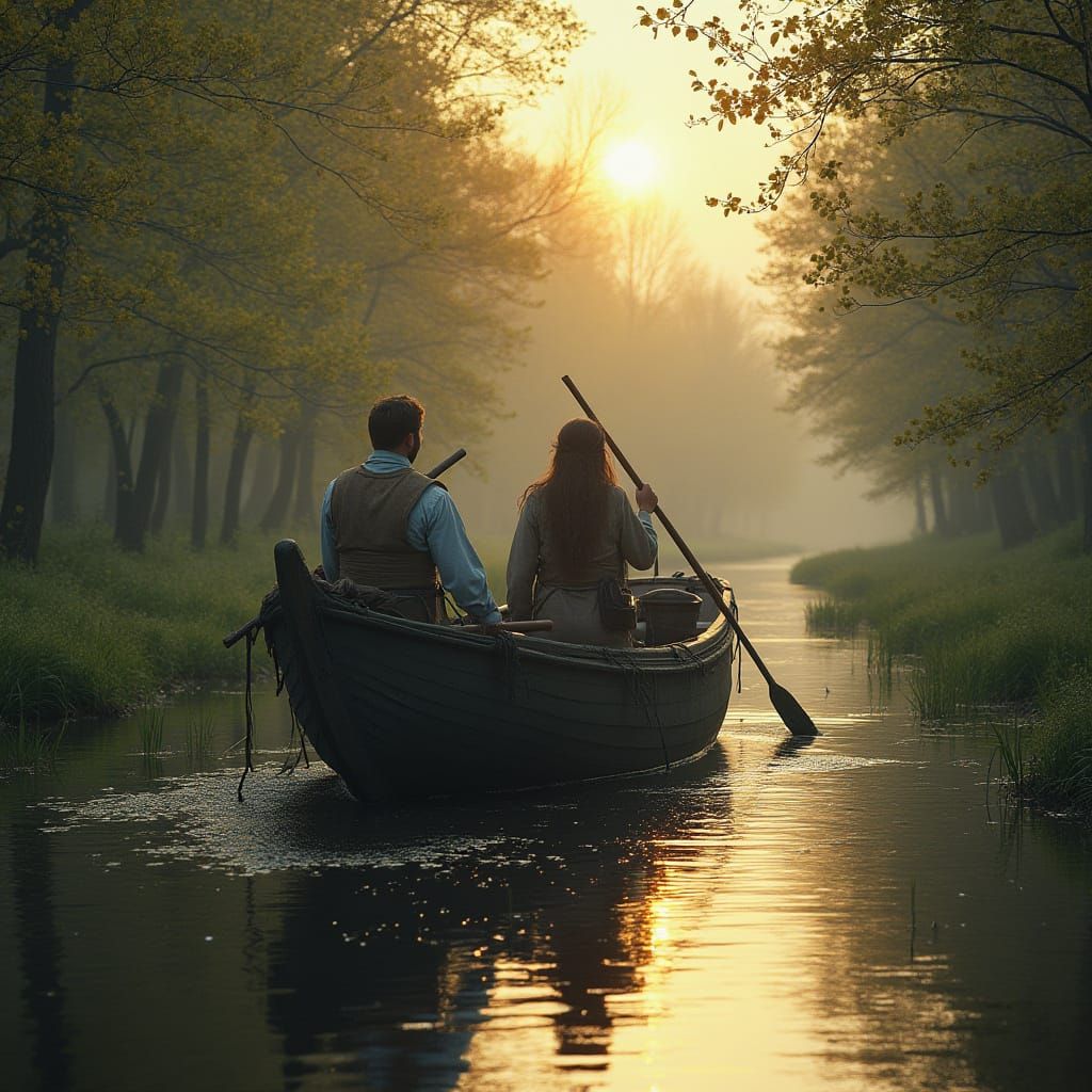 River Witch in Gloomy Swamp in Her Boat