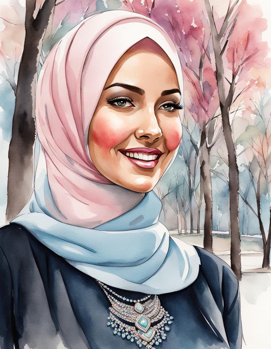 Elegant Hijabi Woman Smiling in Watercolor Style
