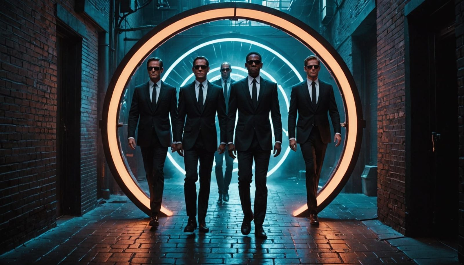 Men in Black Agents Enter Portal in Neon Alleyway