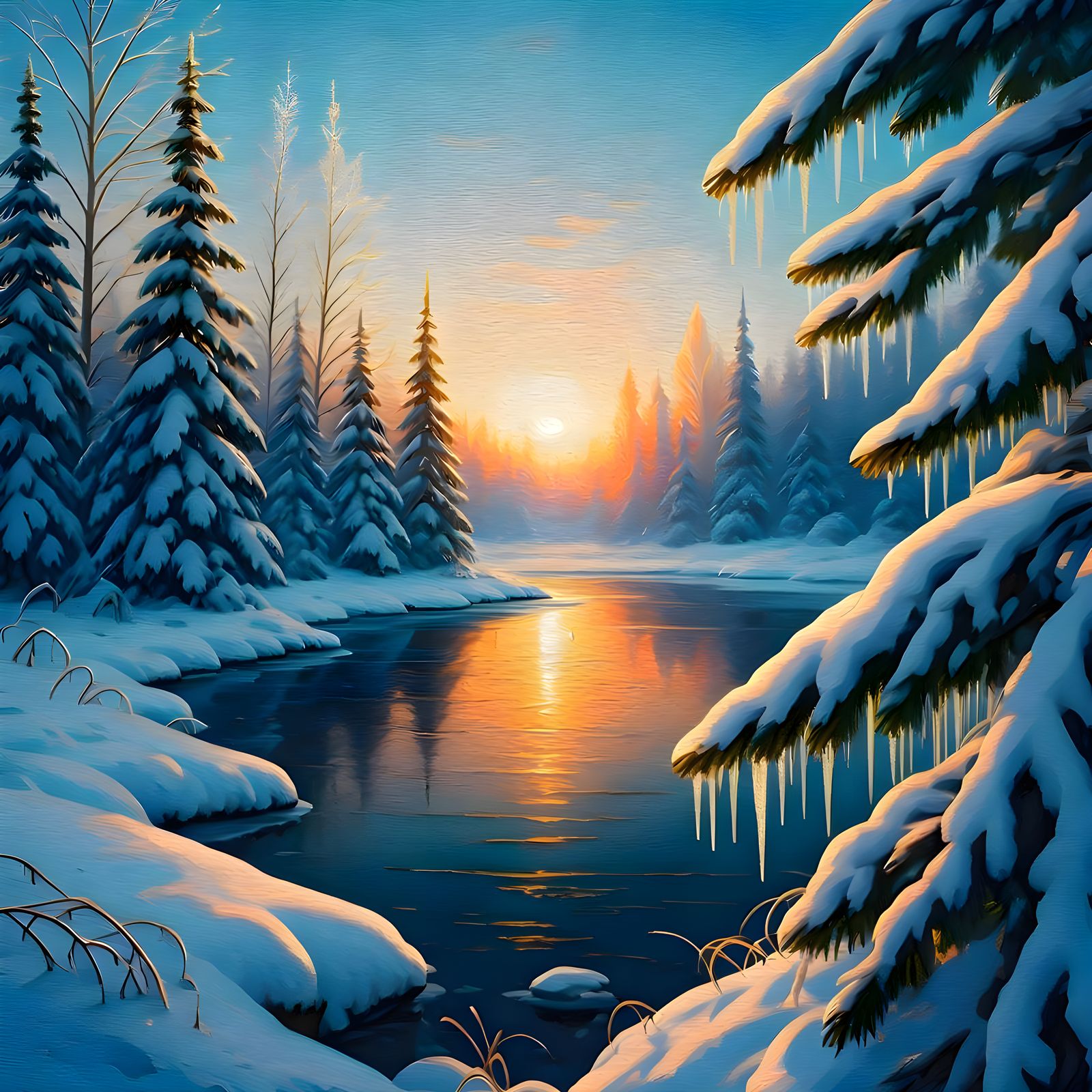 Surreal Impasto Snow Scene Frozen Lake with Pine Trees