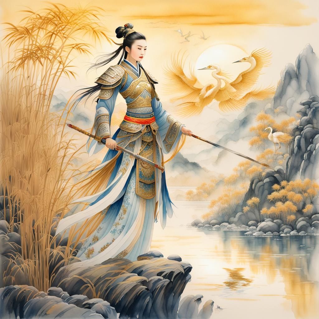 Chinese Warrior Princess with Crane in Watercolor