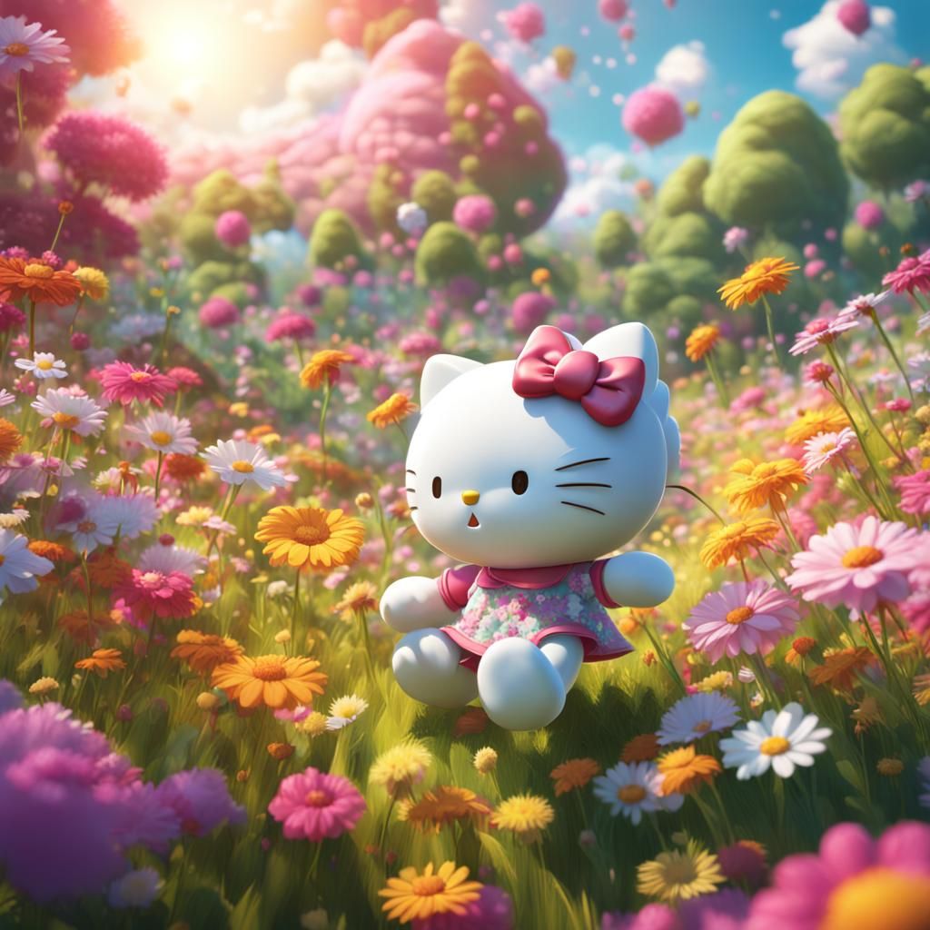 Hello Kitty Frolicking in Flowered Meadow: Cartoon Art
