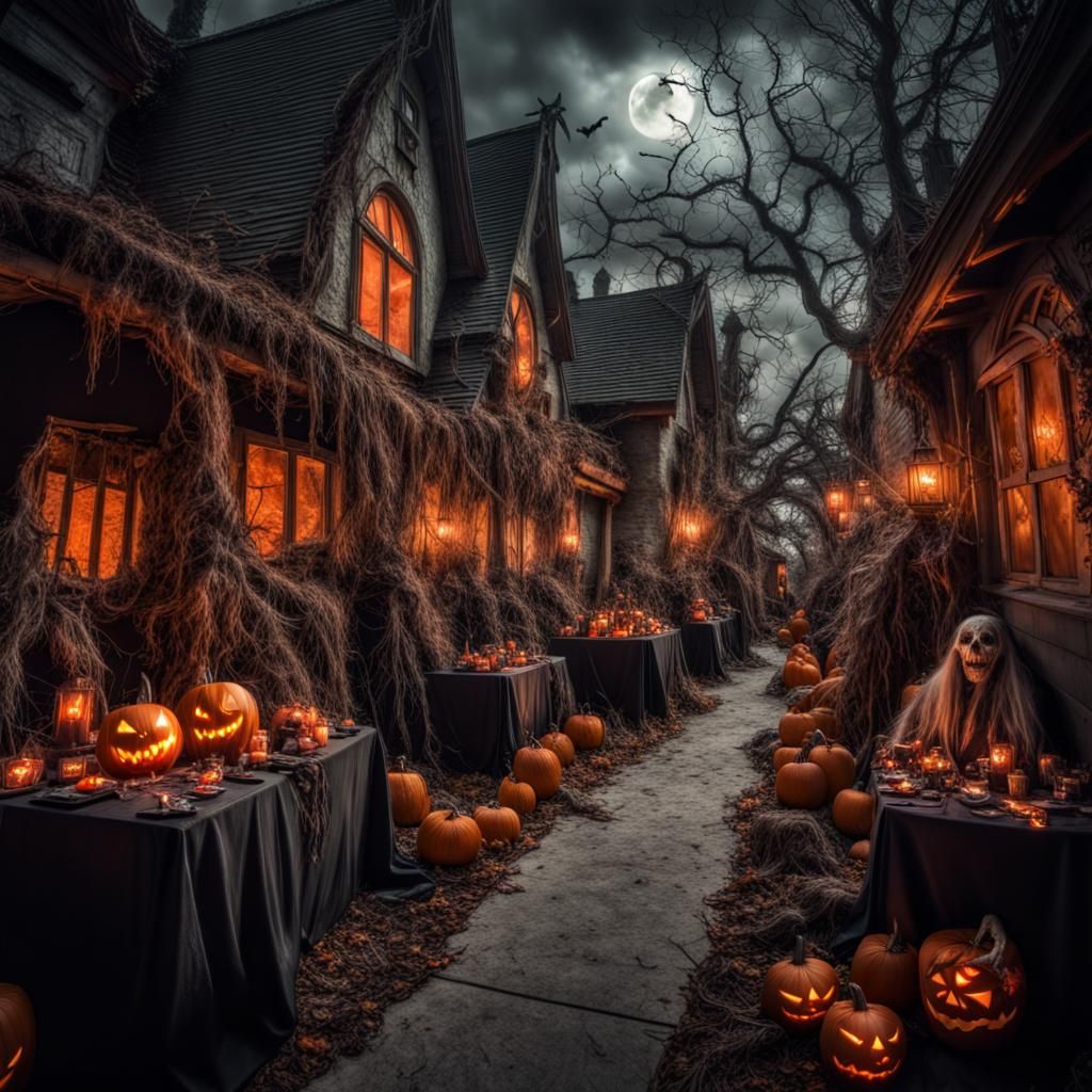 Hyperrealistic Halloween Party with Goblins and Ghosts