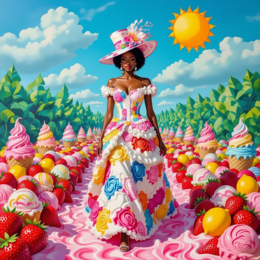 Ice Cream Woman in Strawberry Forest, Detailed Realism