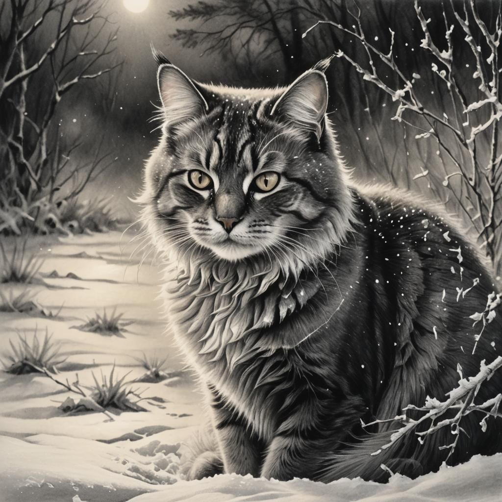 Detailed Charcoal Drawing: Cat in Winter Wonderland