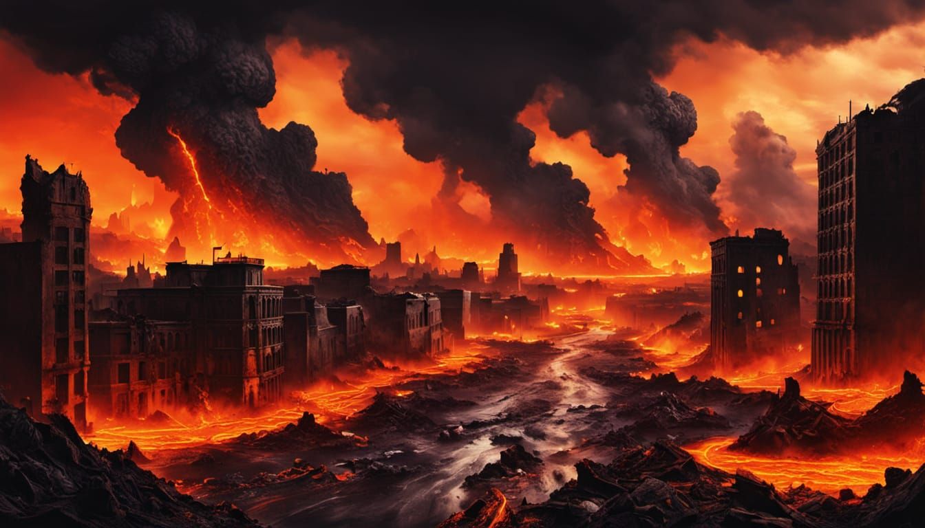 Apocalyptic Cityscape with Lava Flow in Surreal Style