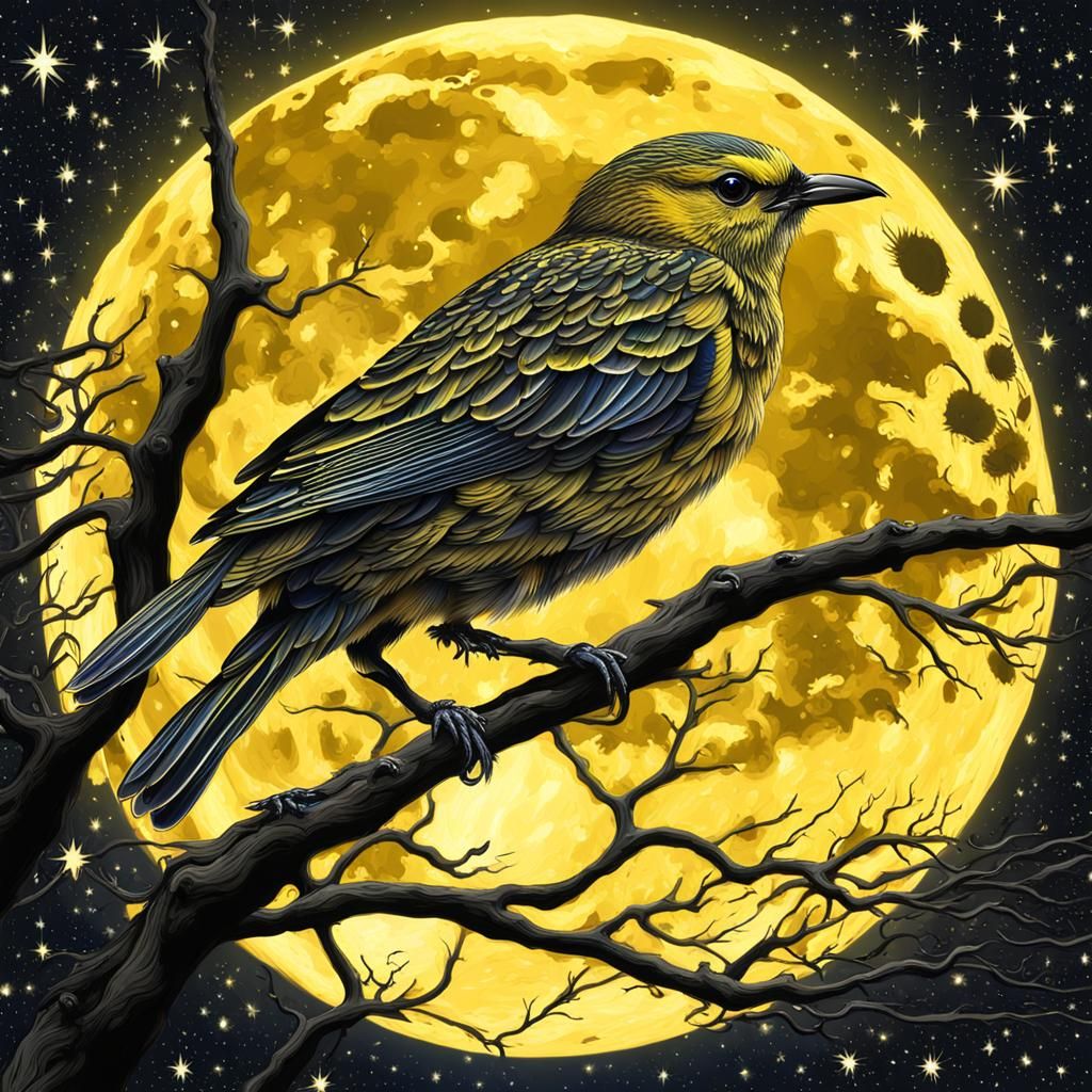 Yellow Bird Flying Before Yellow Moon