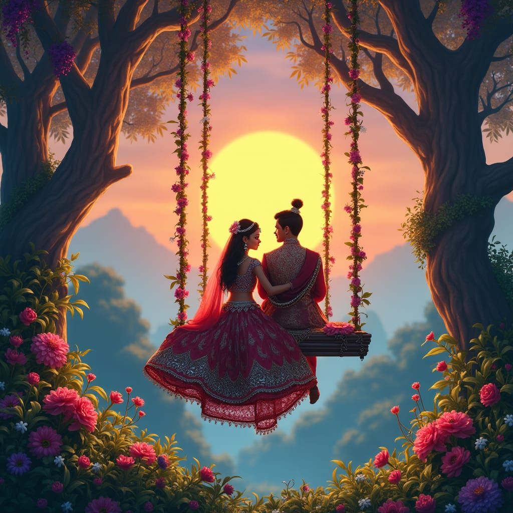 Indian Couple on Floral Swing in Dreamlike Landscape