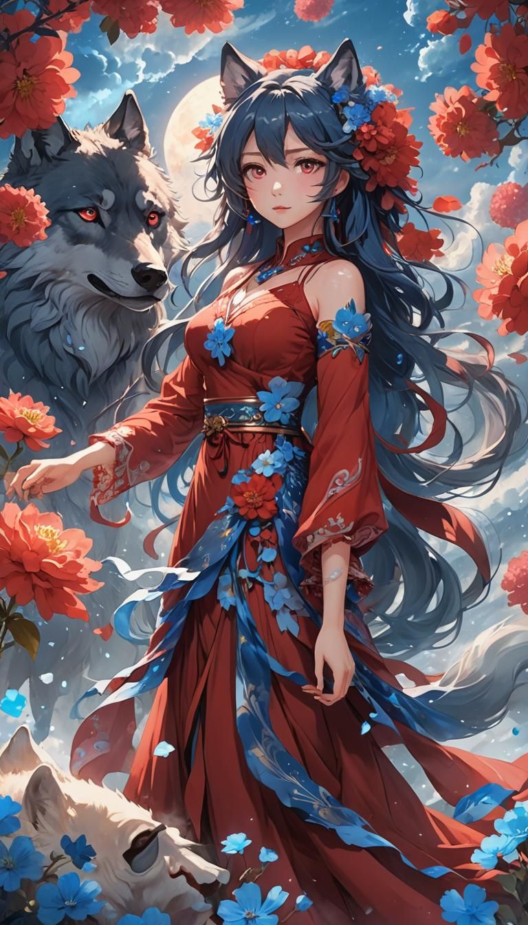 Dreamlike Anime Girl with Wolf in Manga Style