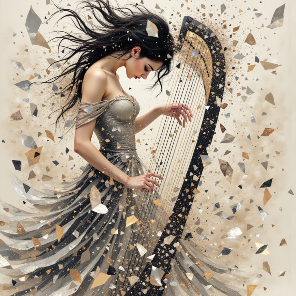 Harpist with Cascading Strings in Ethereal Style