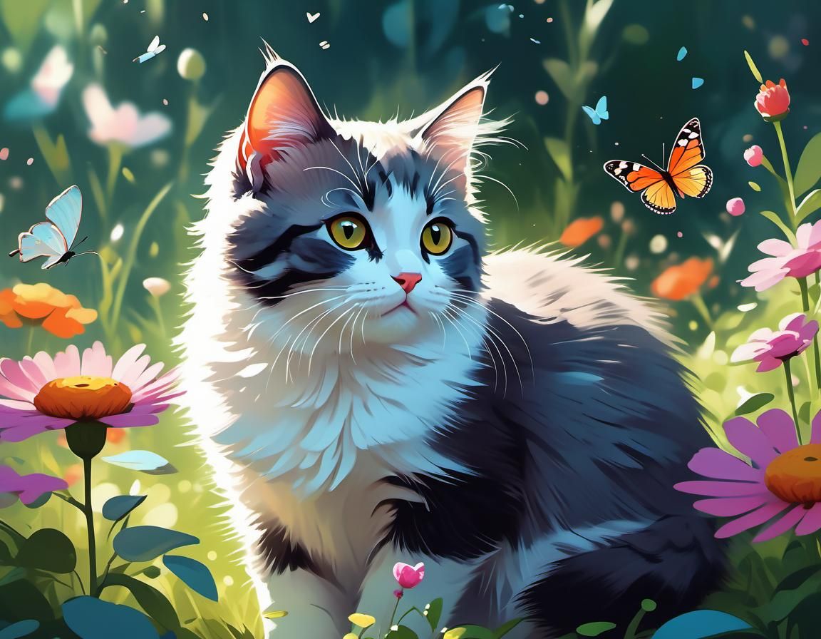 Cute Kitten Mesmerized by Butterfly in Garden