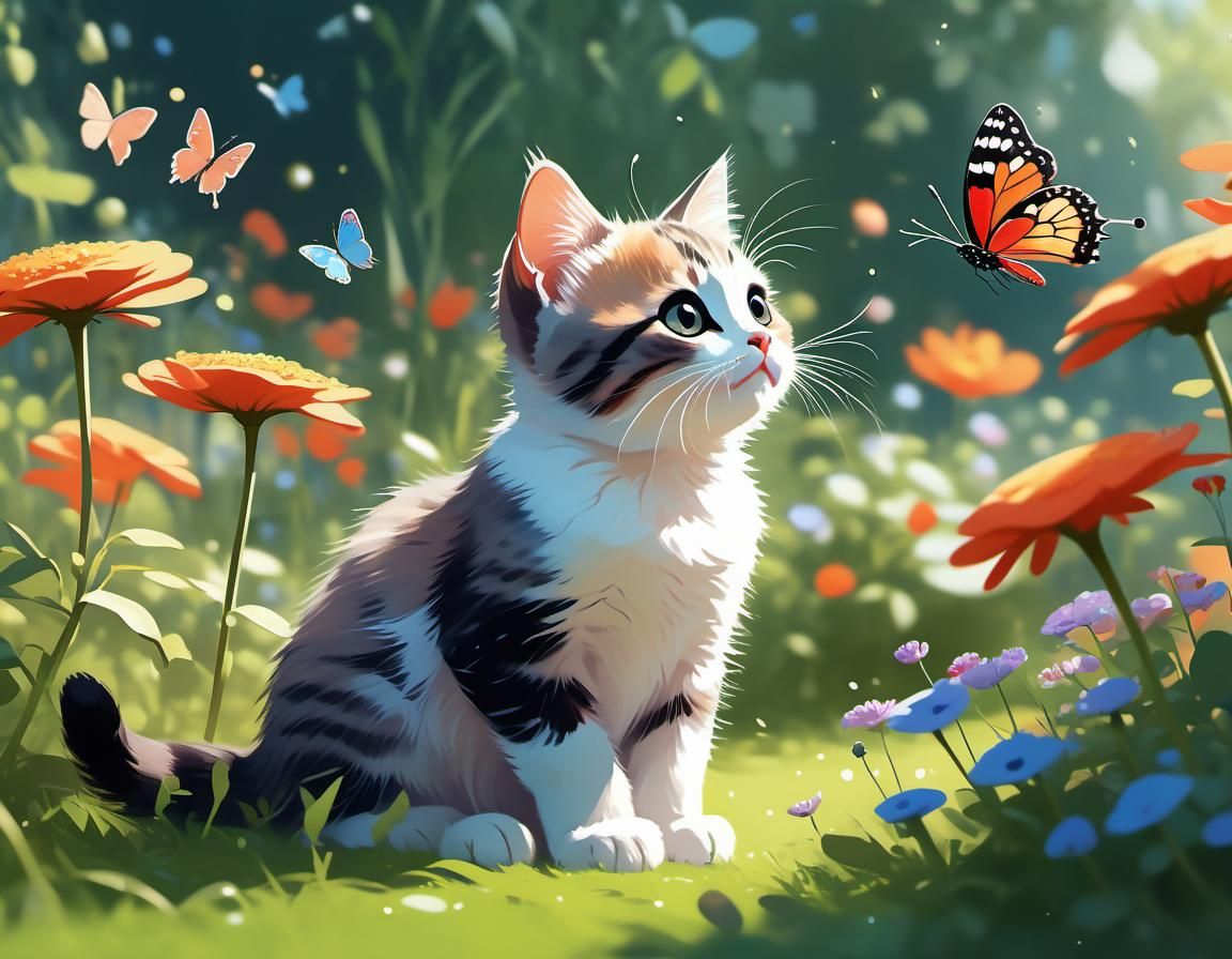 Cute Kitten Mesmerized by Butterfly in Lush Garden