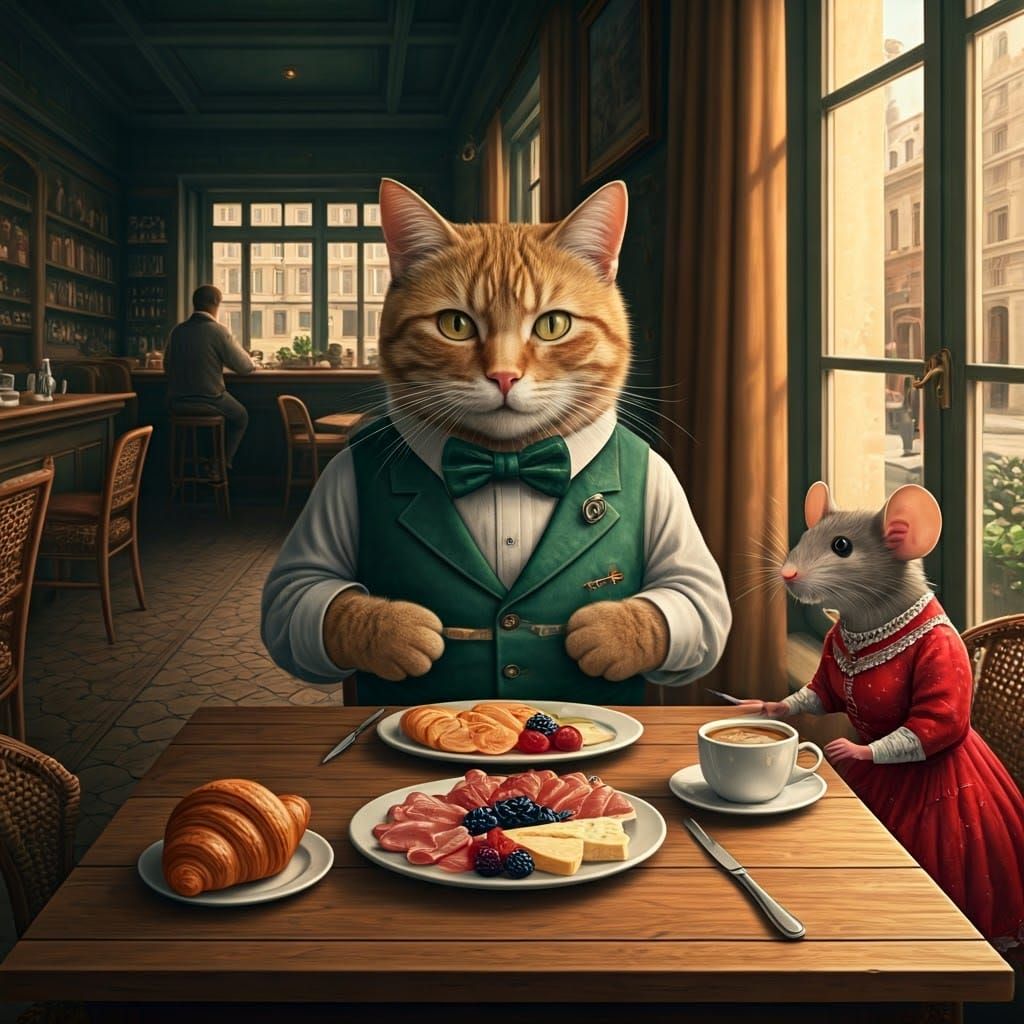Whimsical Cafe Scene with Tabby Cat and Mouse