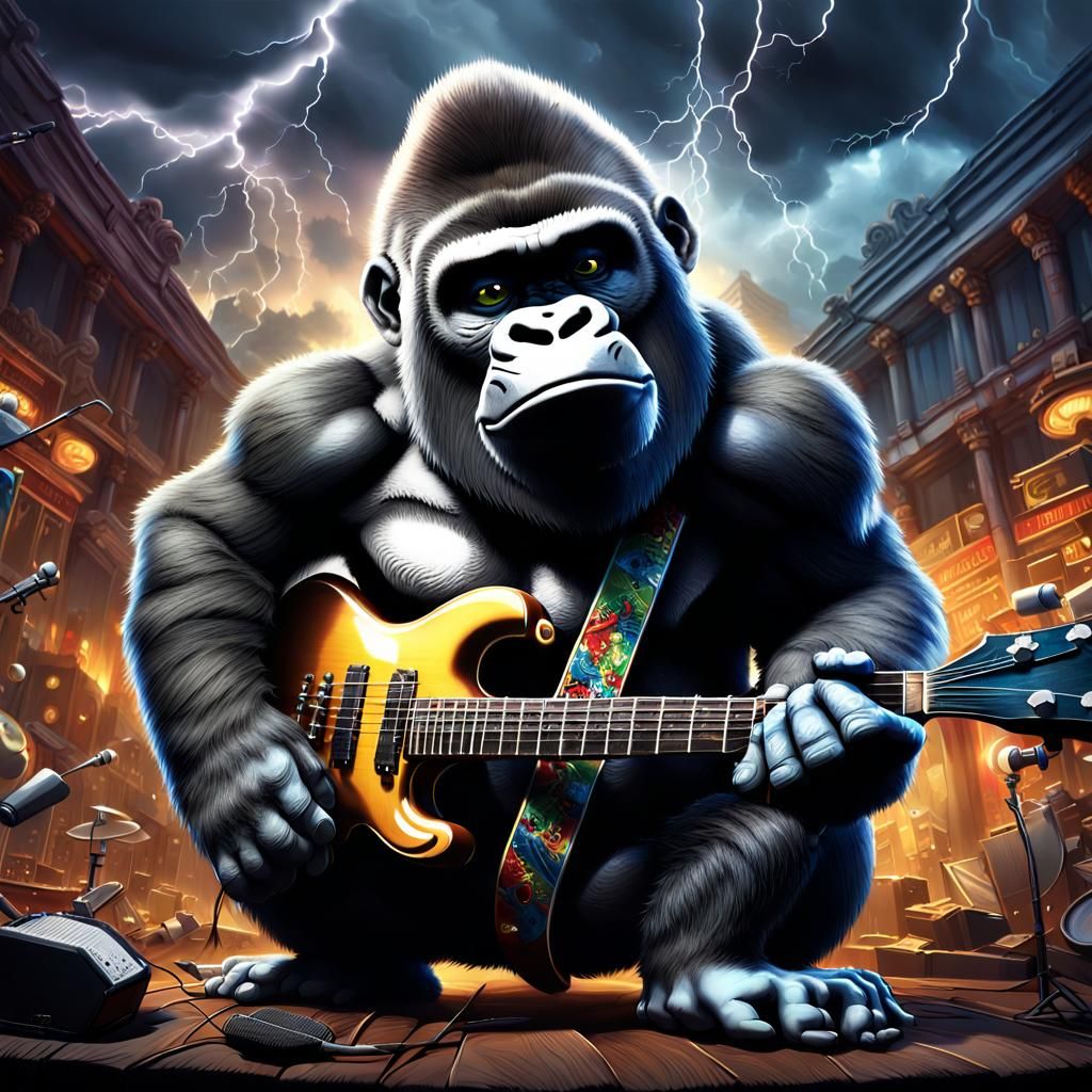 Aggressive Cute Gorilla Musician in Dark Fantasy Style