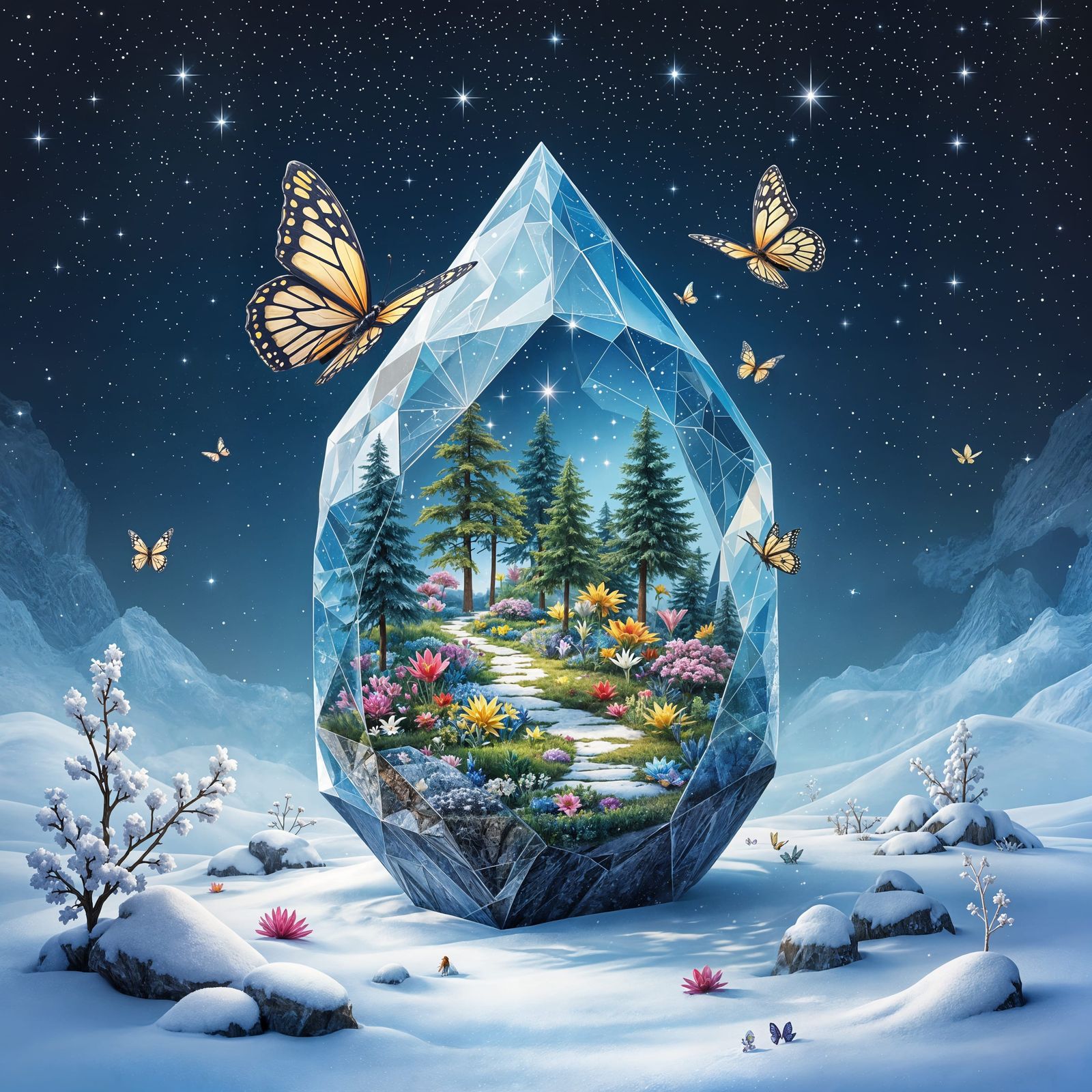 Surreal Crystal Oasis Blooms in Winter Wonderland