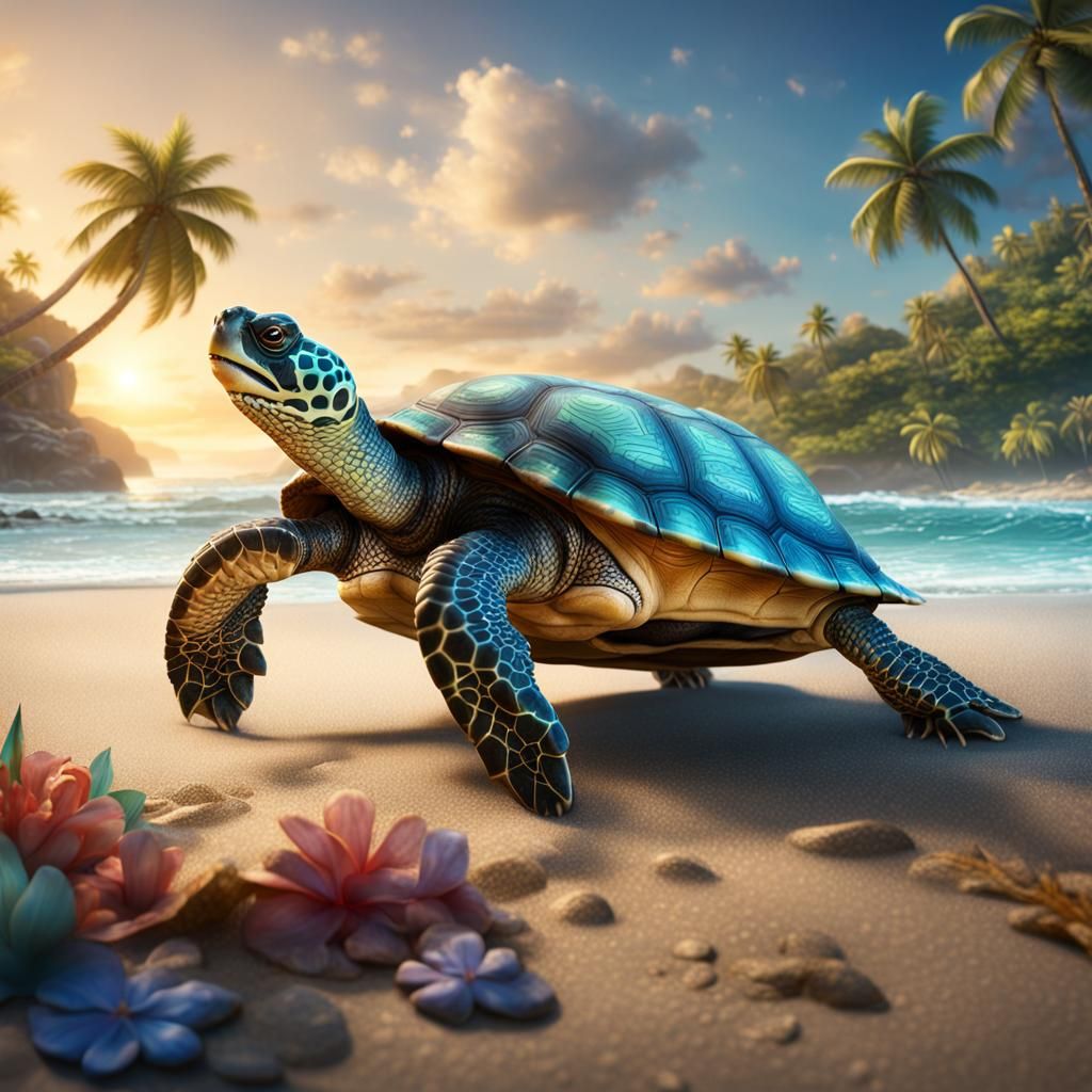 Hyperrealistic Turtle on Vacation in Detailed Digital Art