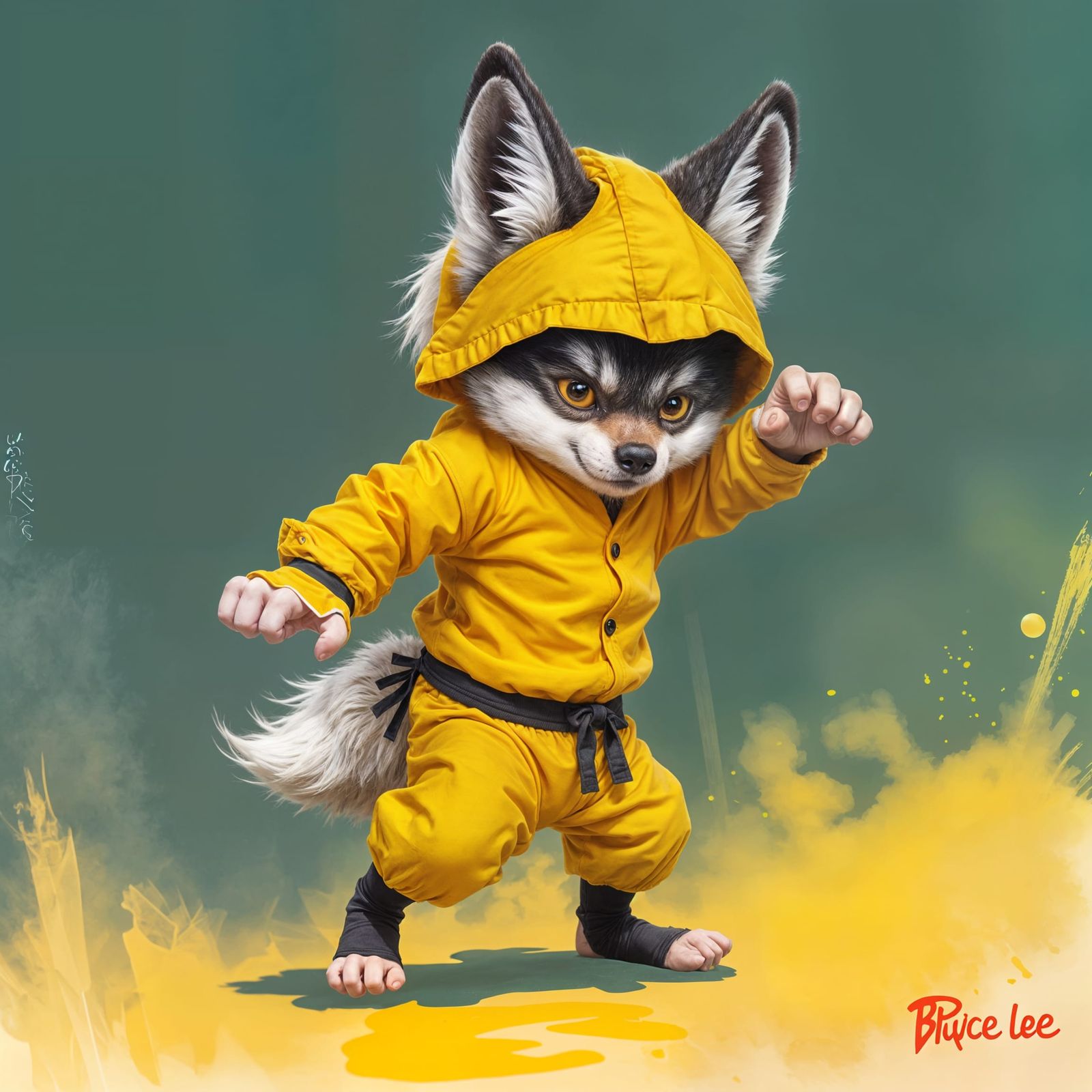 Baby wolf face with bruce lee body and outfit in a bruce lee stance