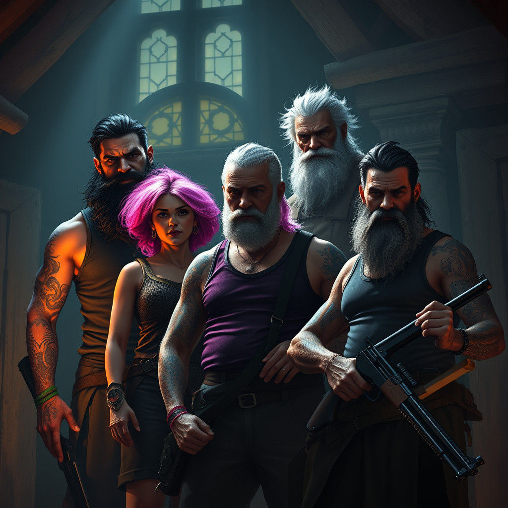 Grizzled Hunters Outside Dilapidated Manor, Dark Fantasy Art