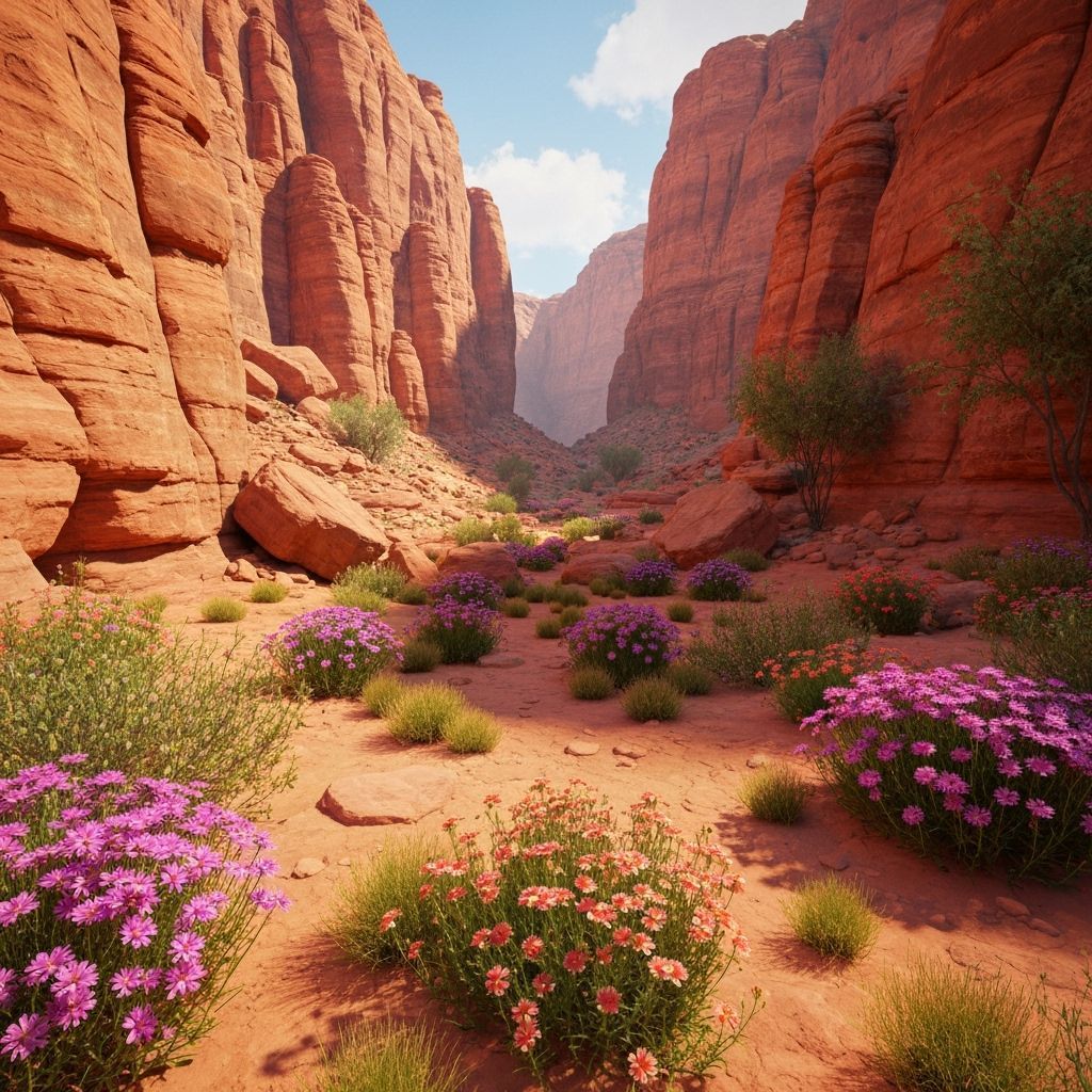 Cactus Garden Scene with Benches and Red Cliffs
