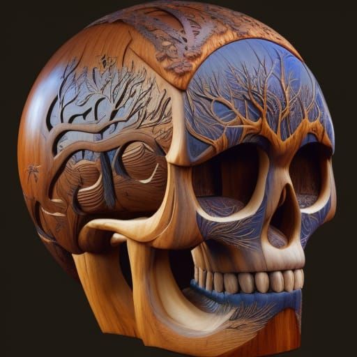 Carved Teak Wood Skull with Tree Design