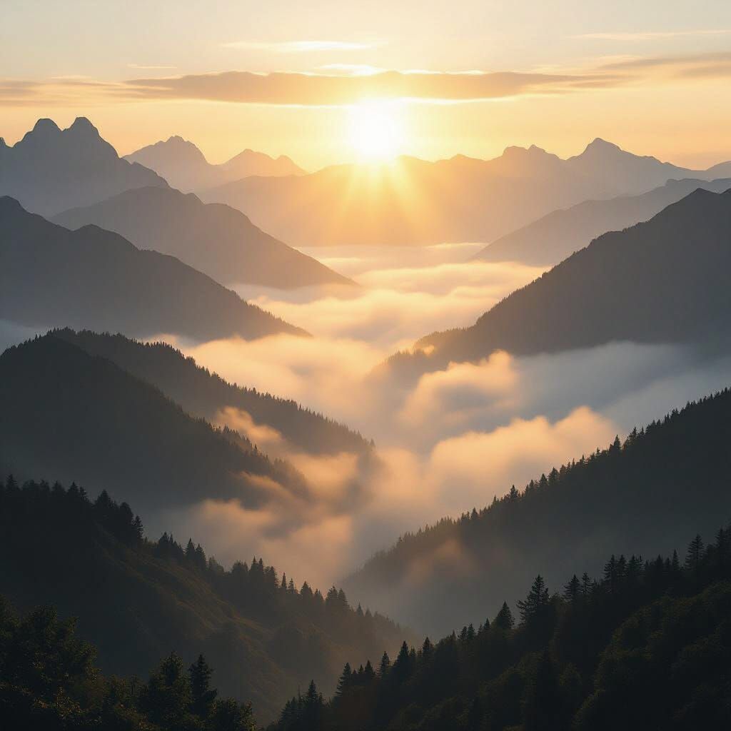Golden Sunrise Over Misty Mountain Valley