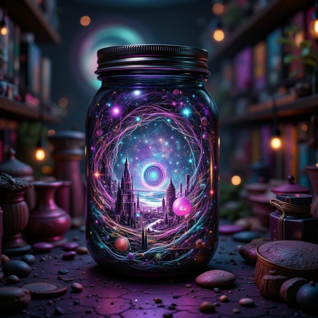 Futurepunk Night Cityscape with Chaotic Jar