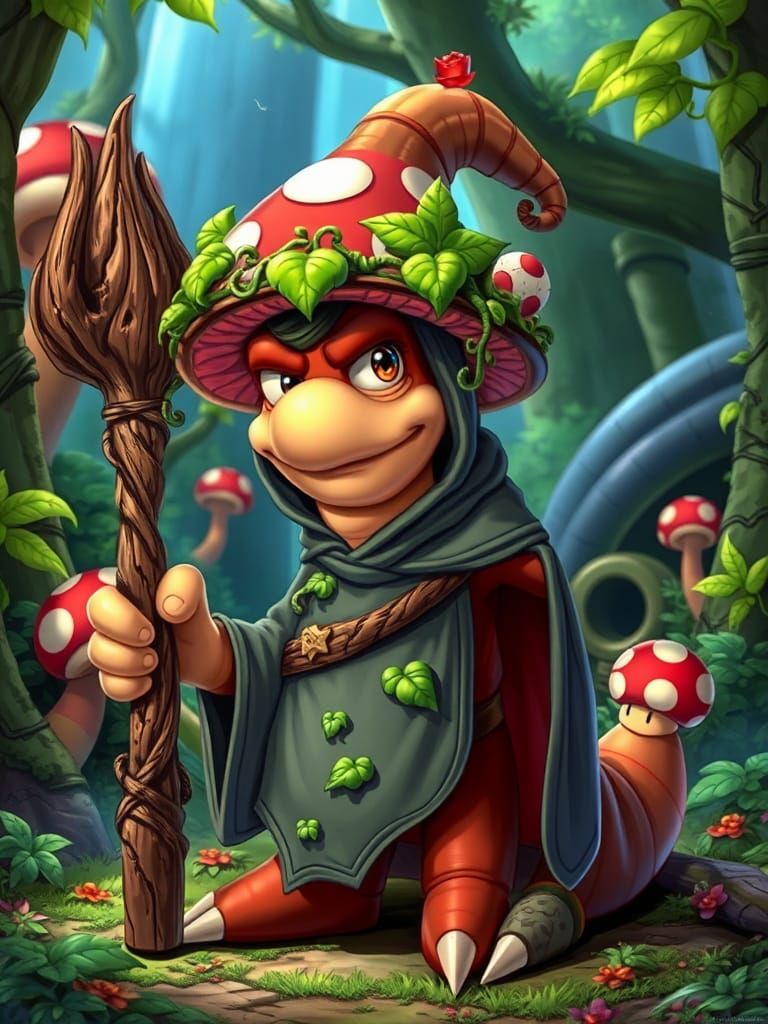 Mushroom Kingdom Worm Druid in Cartoon Style