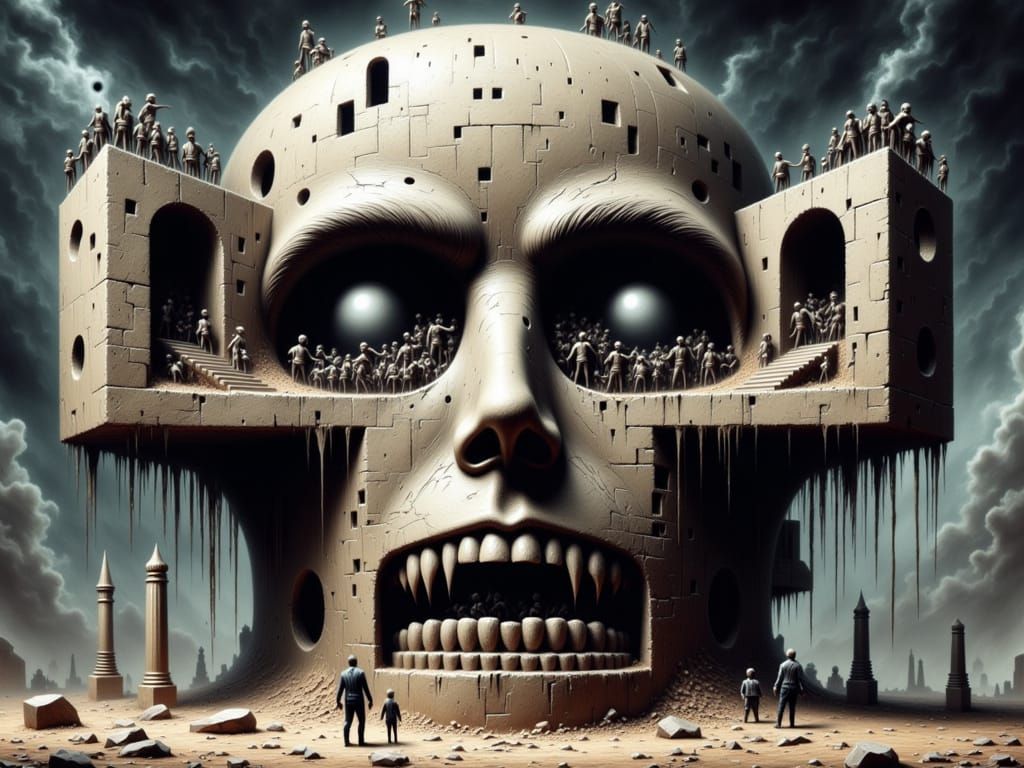 Surreal Prison Head Sculpture with Enraged Prisoners