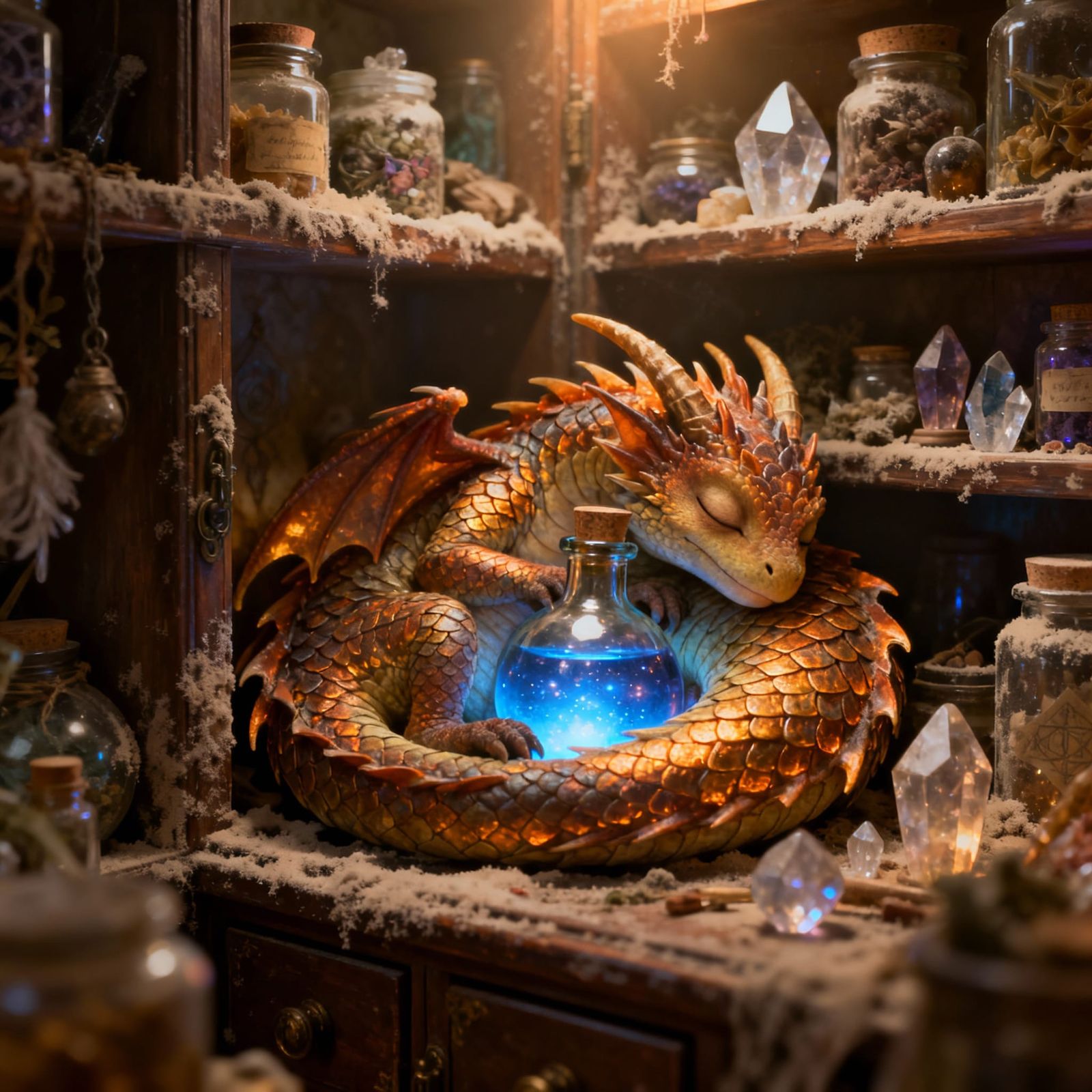 Baby Dragon Sleeps by Glowing Potion in Alchemist Cabinet