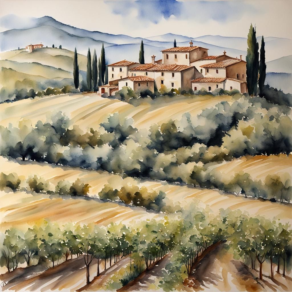 Hyperrealistic Elegant Aquarelle of Dolce Toscana