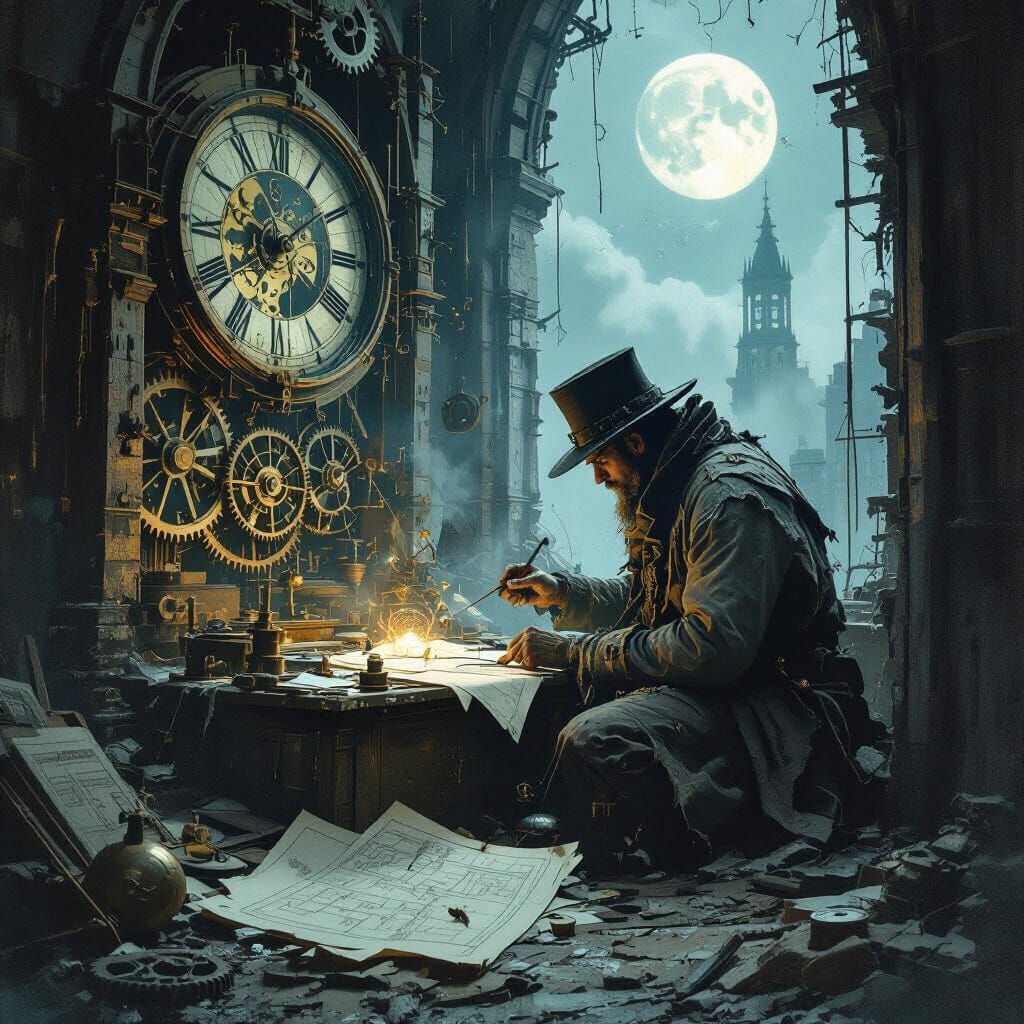 Spectral Clockmaker in Abandoned Tower, Surreal Style