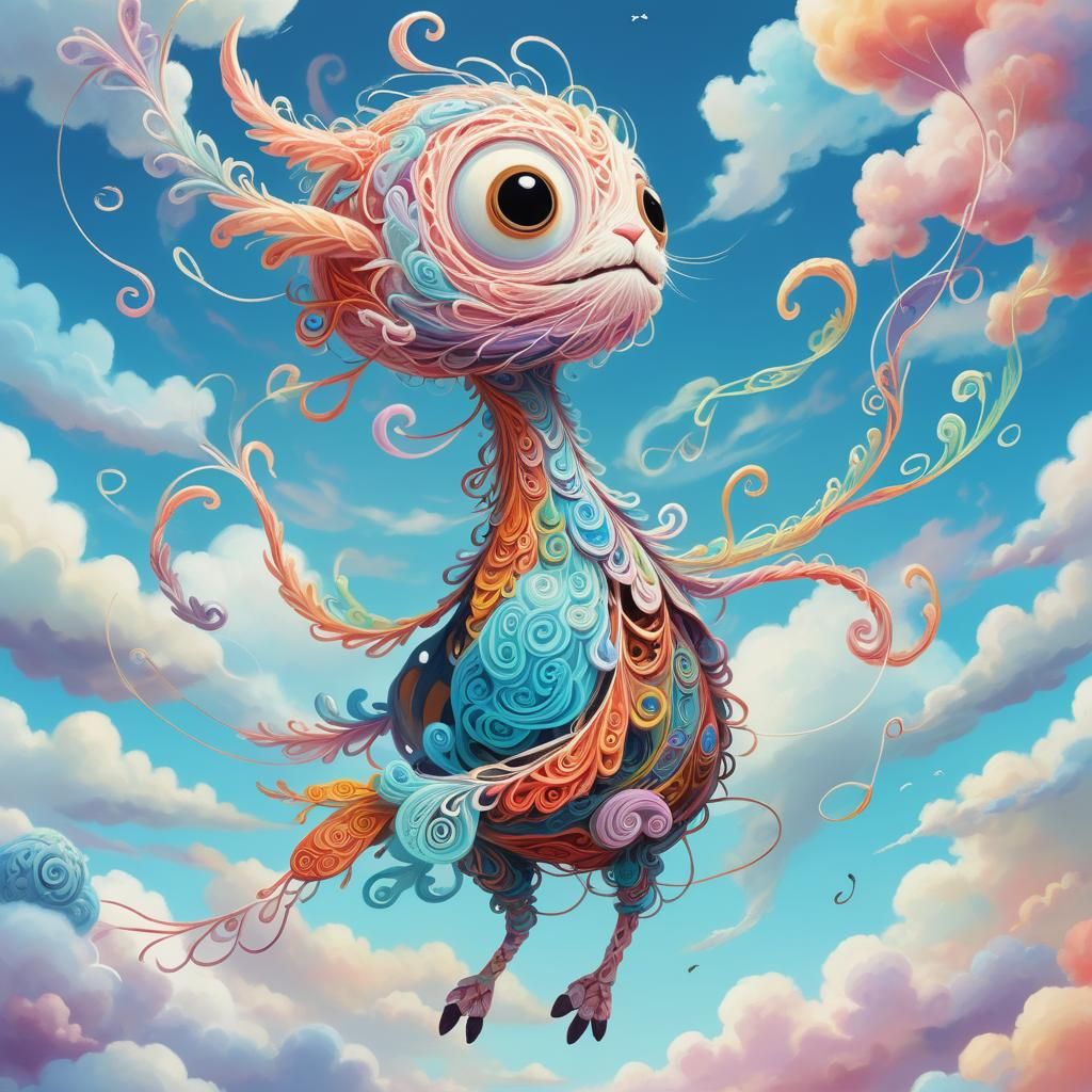 String Creature Frolics in Whimsical Pastel Sky